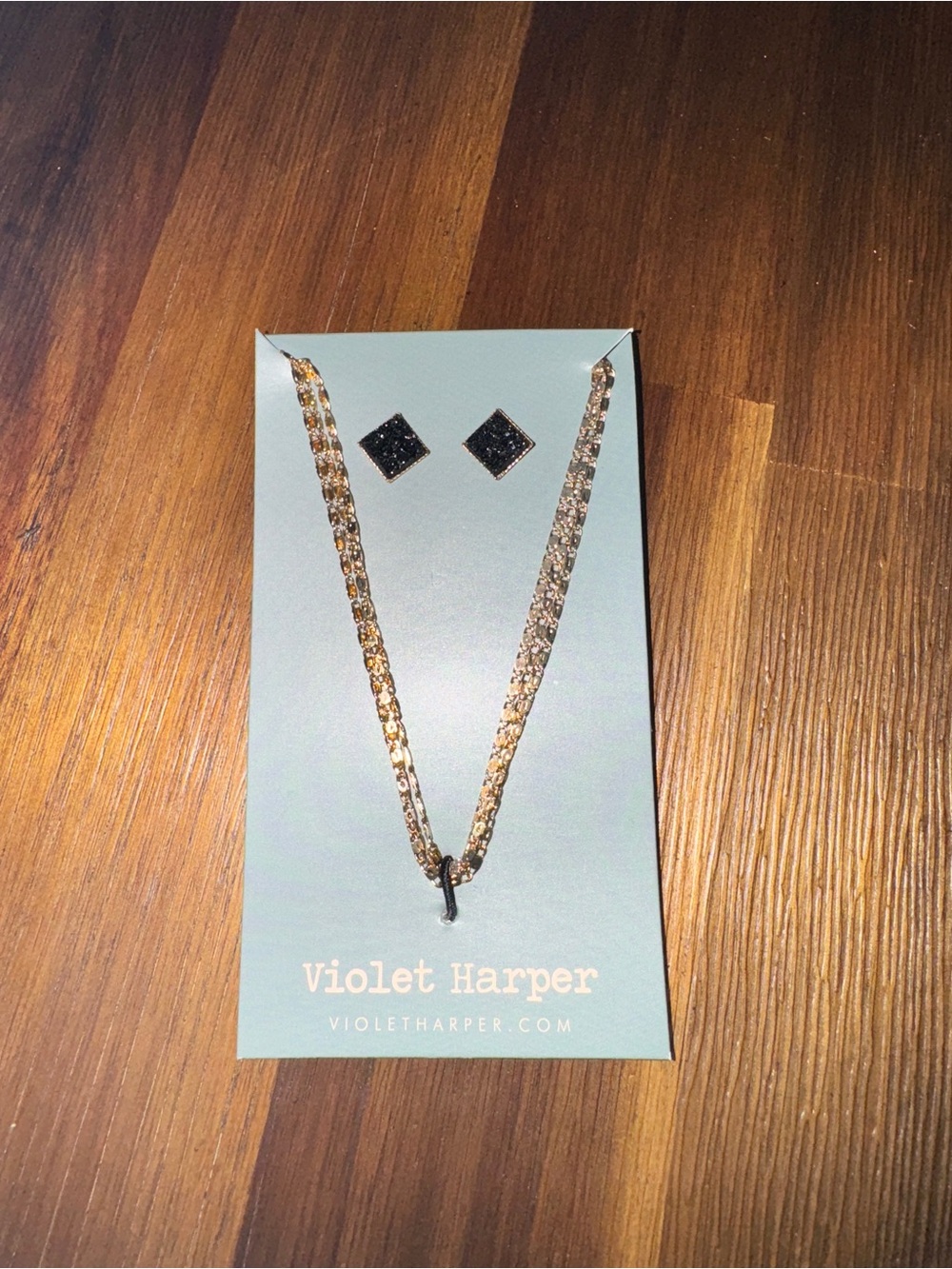 NWT - Violet Harper Gold Tone Layered Chain Necklace & Black Earring Set